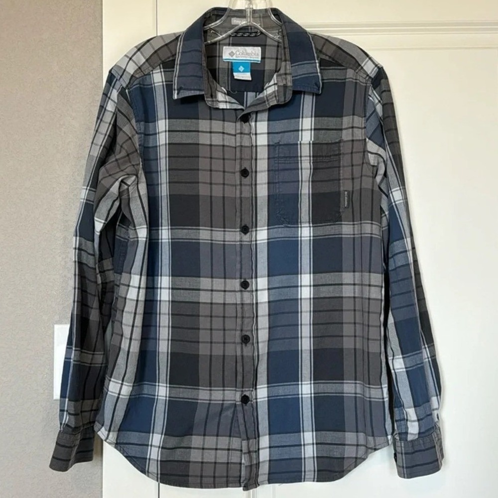 Columbia Men's Regular Fit Plaid Long Sleeve Button Up Shirt Blue Gray Size S